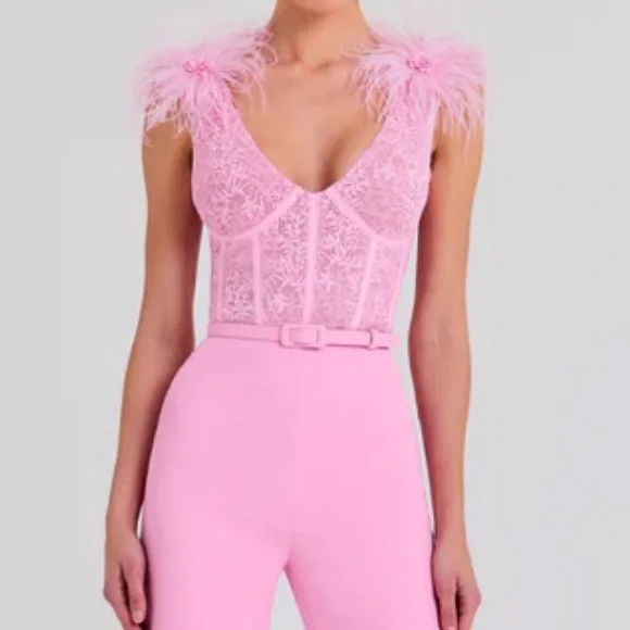 NADINE MERABI Ostrich Feather Lace Bodice Jumpsuit in Pink sz 10 - Picture 2 of 6